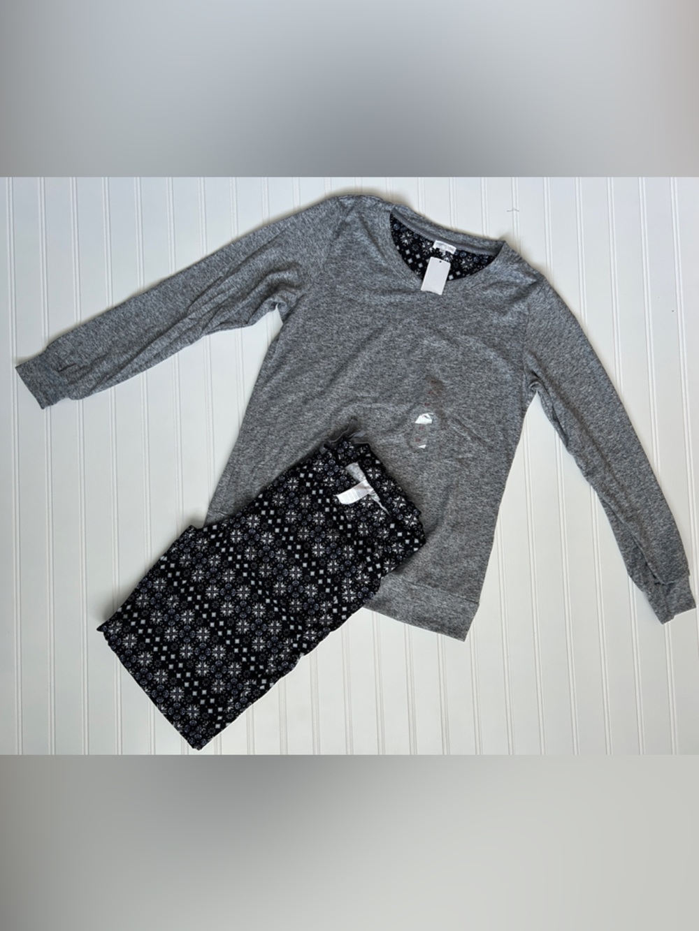Kids Gray Long-Sleeve Pajama Set with Patterned Pants